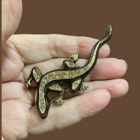 Vintage Gold Tone Enamel Rhinestone Lizard Brooch Gift Retro Cool Fancy Pants - Picture 4 of 11